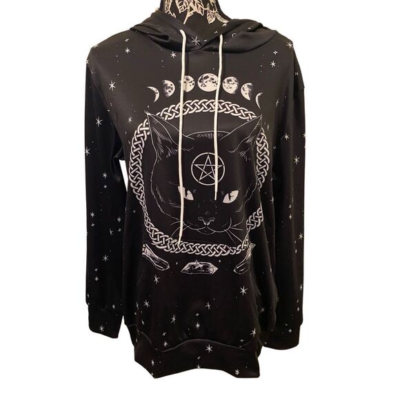 FancyQube Black Cat Hoodie Moon Pentagram Goth Gothic Punk Grunge Witch Occult - Picture 1 of 13